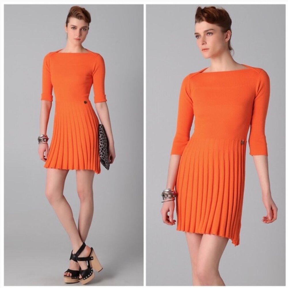 See By Chloe Orange Ribbed Mini Sweater Dress Sz 38